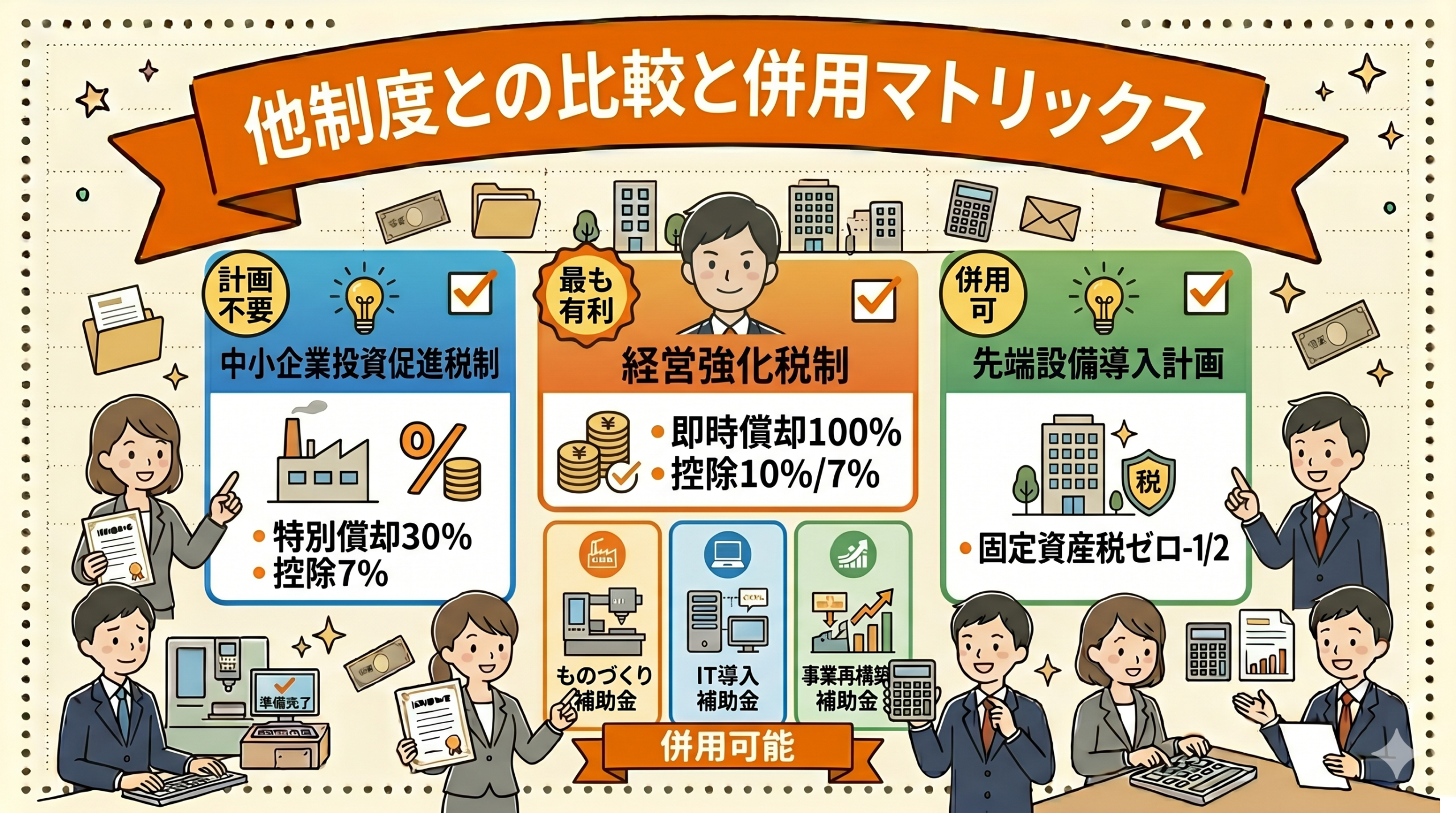 経営力向上計画と他の支援制度の比較|中小企業投資促進税制・固定資産税特例・補助金との併用