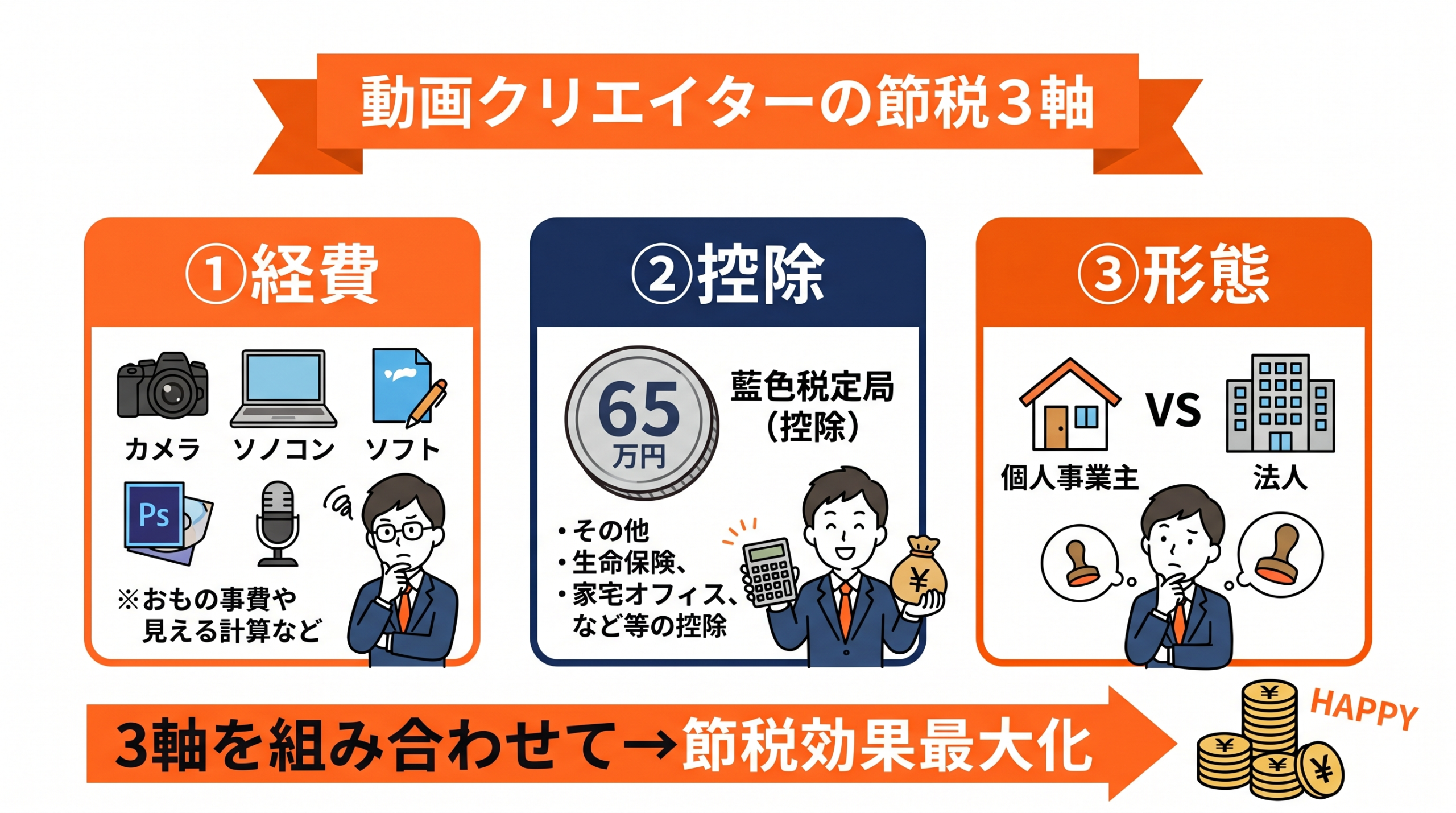 動画クリエイターの節税は「経費・控除・形態」の3軸で決まるの要点を整理した図