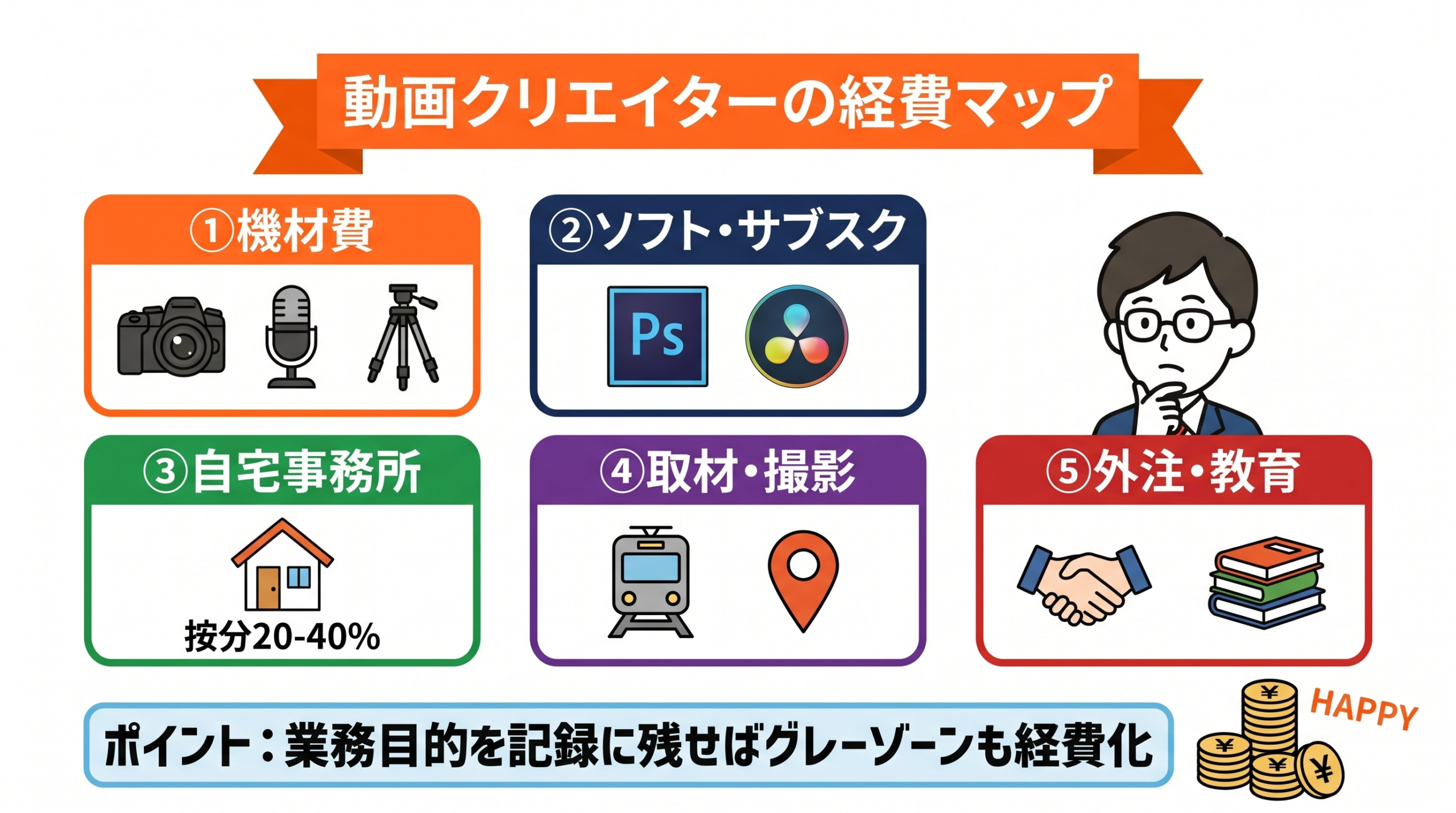 経費にできるもの完全マップ【動画クリエイター版】の要点を整理した図