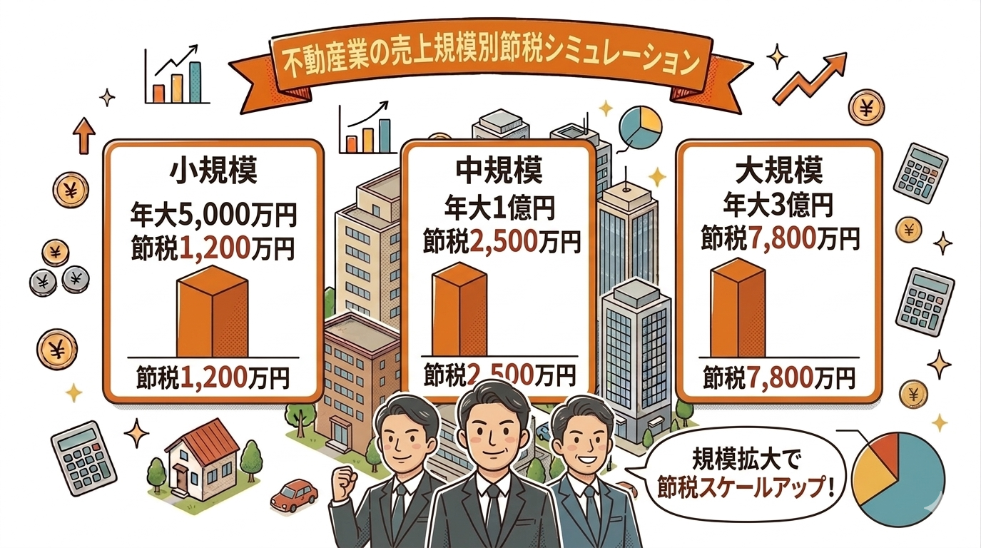 不動産業の売上規模別節税シミュレーション｜年商5000万・1億・3億円のケース別