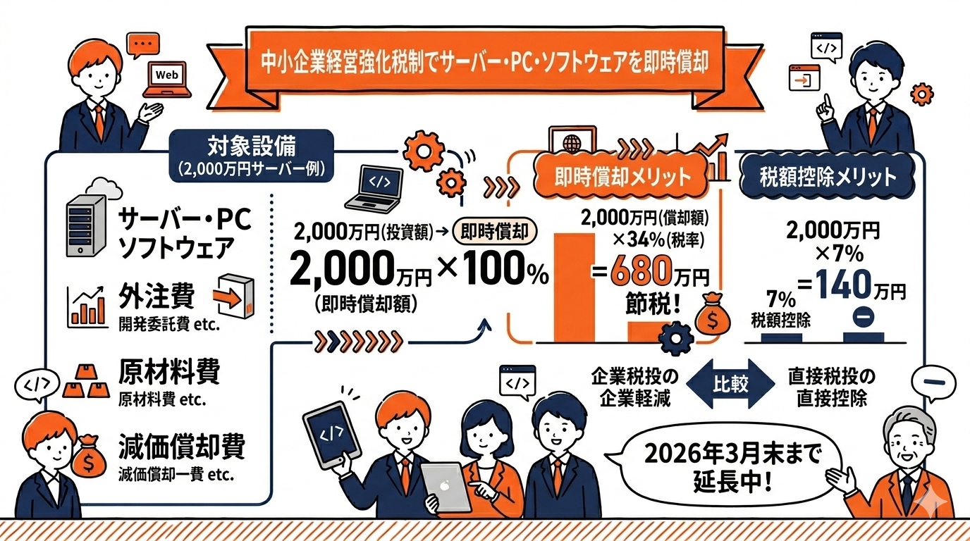 中小企業経営強化税制でサーバー・PC・ソフトウェアを即時償却の要点を整理した図