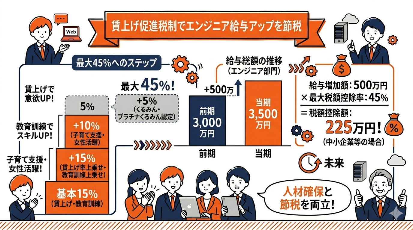 賃上げ促進税制でエンジニア給与アップを節税につなげるの要点を整理した図