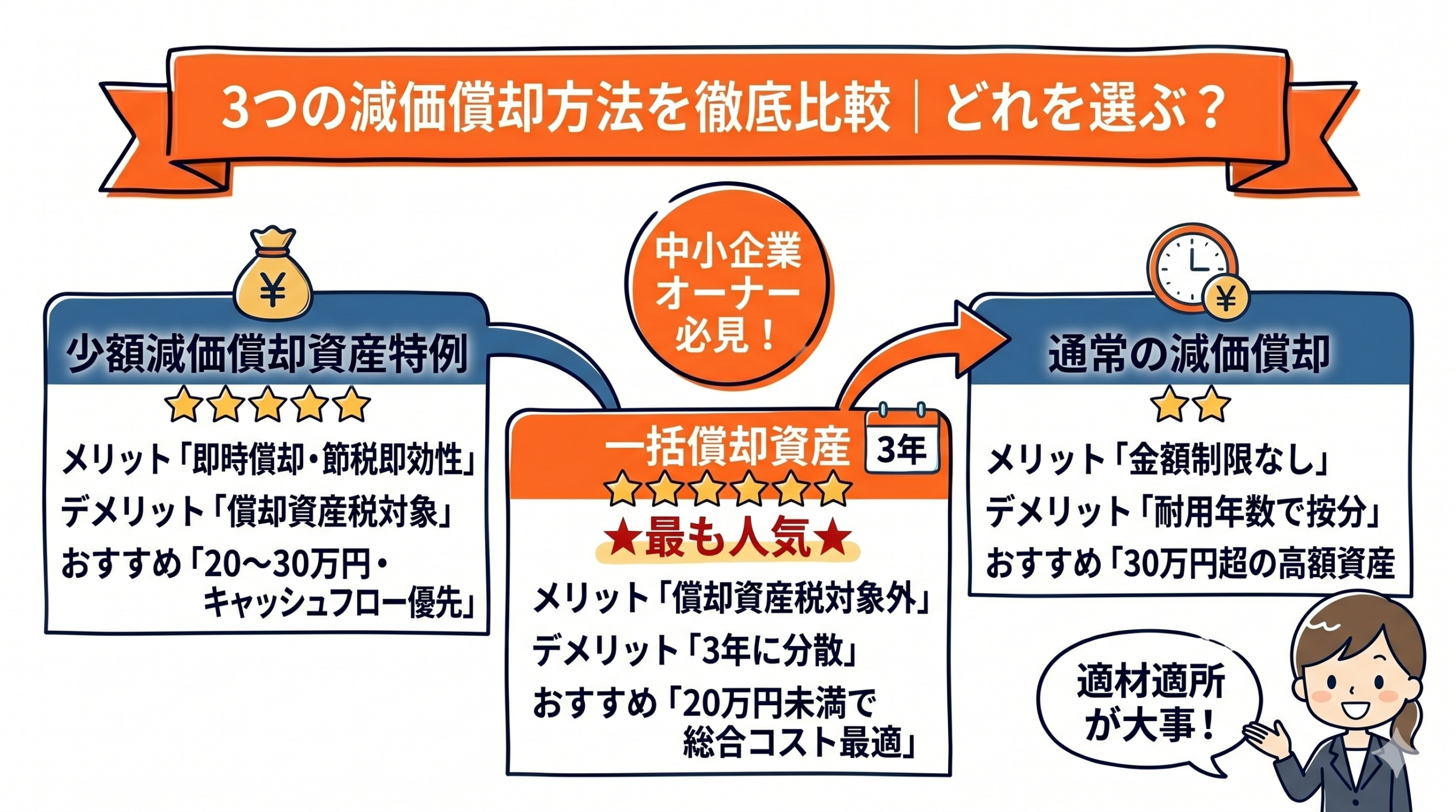 少額減価償却資産・一括償却資産・通常減価償却の3者比較