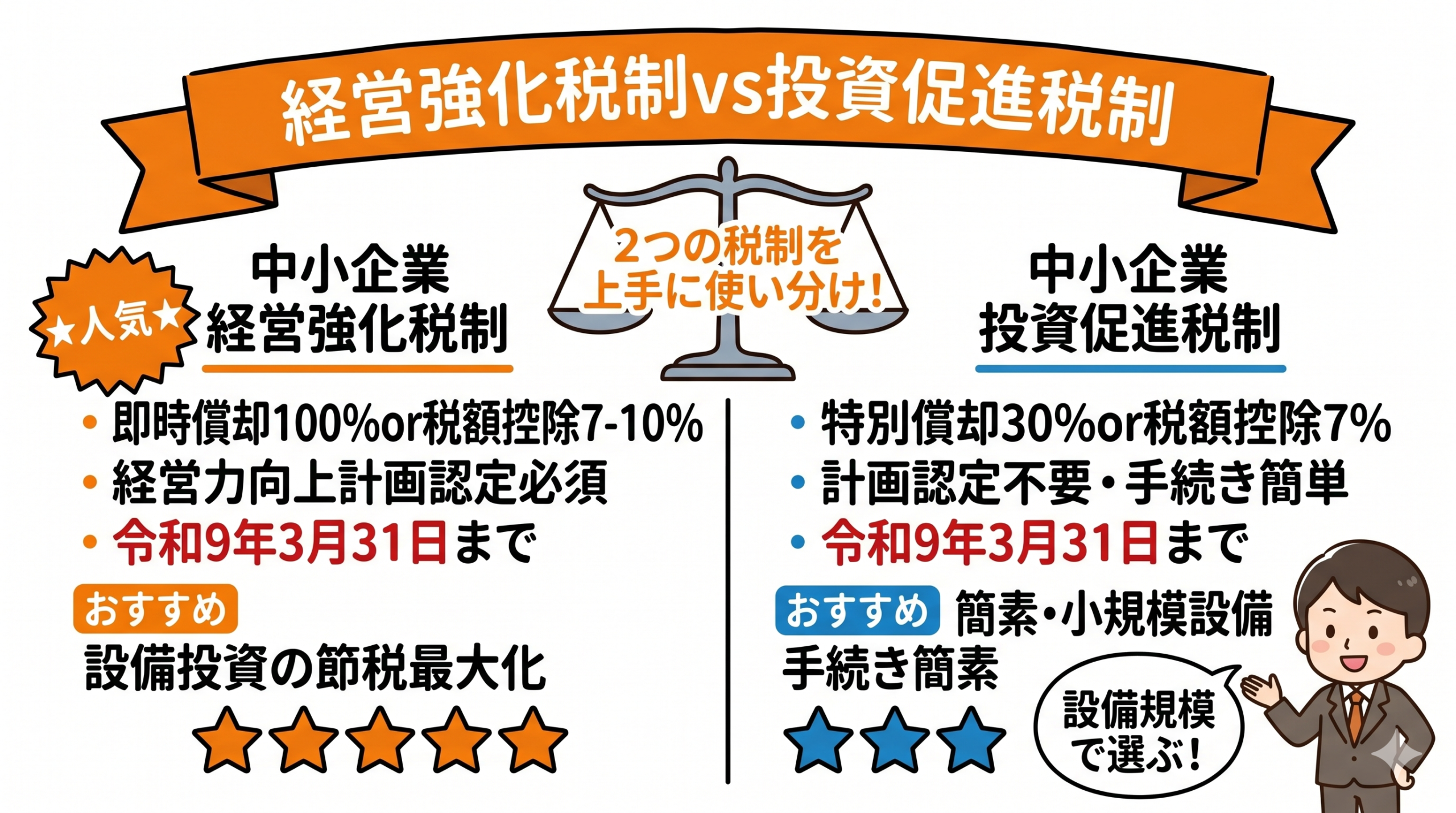 中小企業経営強化税制と中小企業投資促進税制の比較