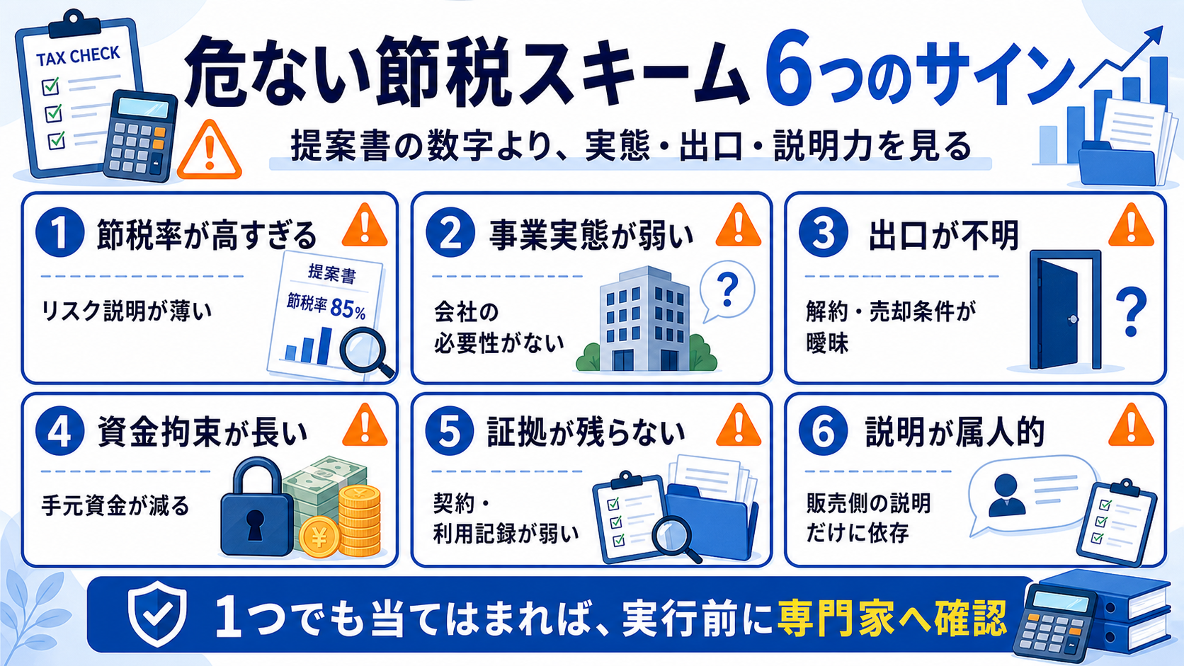 危ない節税スキームのサインとして節税率が高すぎる、事業実態が弱い、出口が不明、資金拘束が長い、証拠が残らない、説明が属人的を示した図解