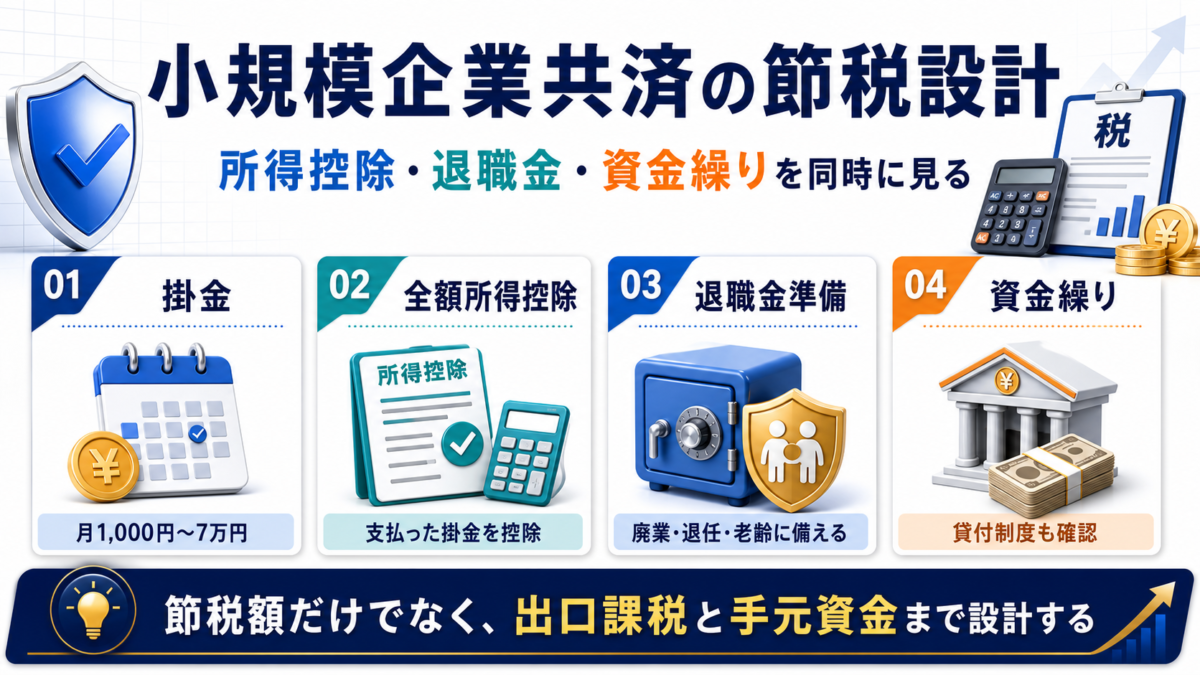 小規模企業共済の掛金、所得控除、退職金準備、貸付制度をまとめた図解