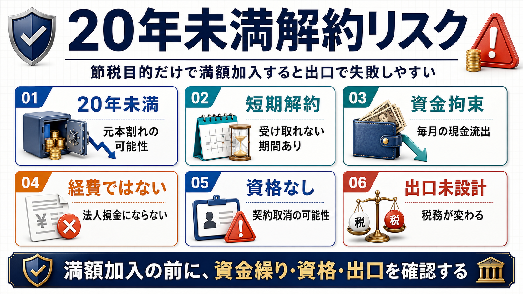 小規模企業共済の20年未満任意解約、短期解約、資金拘束、資格確認の注意点をまとめた図解