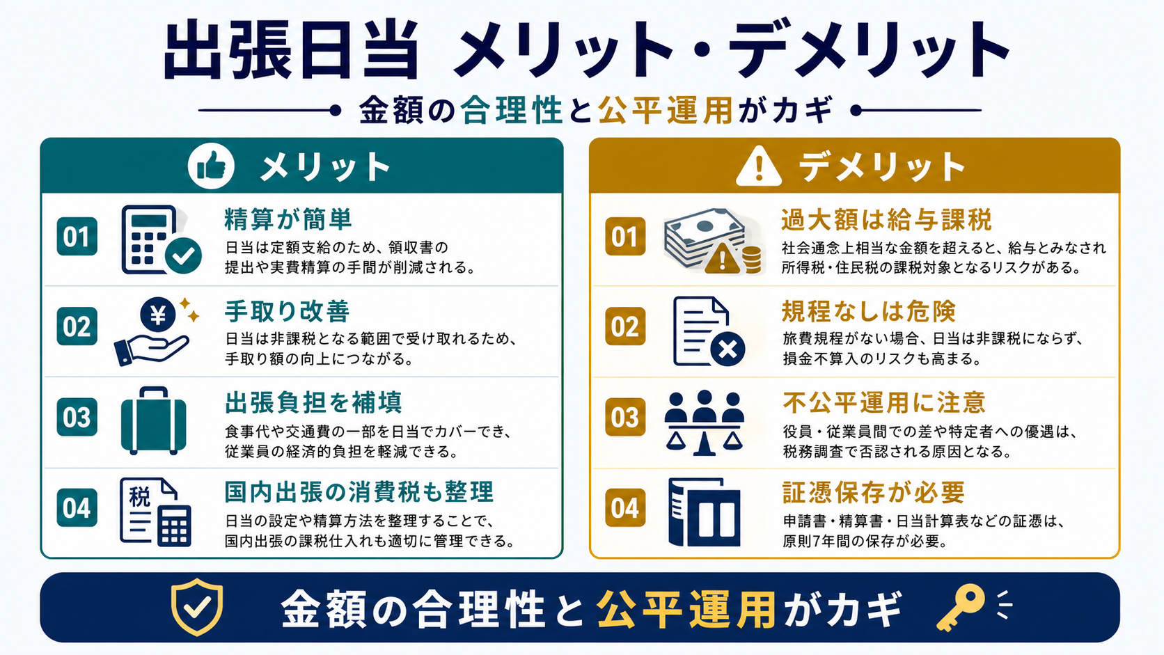 出張日当のメリットとデメリットとして精算簡単、手取り改善、過大額、規程なし、証憑保存を整理した図解