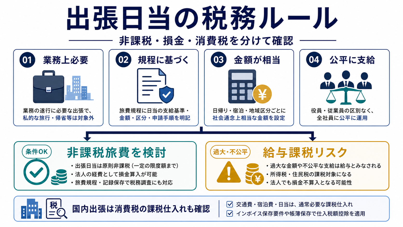 出張日当の税務ルールとして非課税、損金、消費税、通常必要な範囲、公平支給を整理した図解