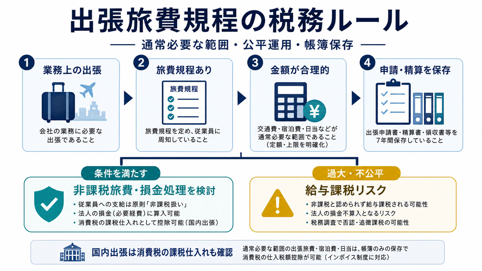 出張旅費規程の税務ルールとして通常必要な範囲、公平運用、帳簿保存、給与課税リスクを整理した図解