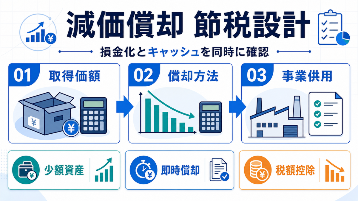減価償却による節税設計を取得価額、償却方法、事業供用で整理した図解
