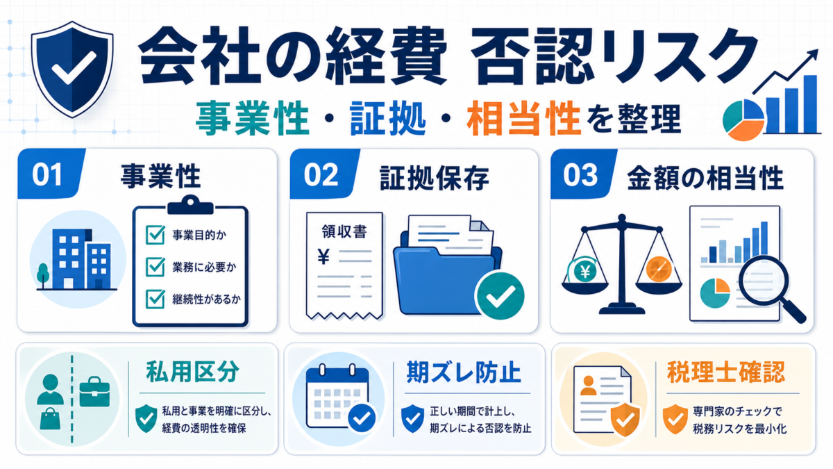 会社の経費が否認されるリスクを事業性、証拠保存、金額の相当性で整理した図解