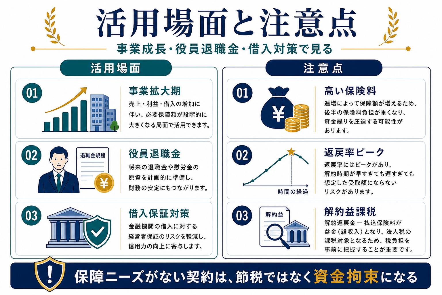 逓増定期保険の活用場面と注意点として事業拡大期、役員退職金、借入保証対策、高い保険料、返戻率ピーク、解約益課税を整理した図解