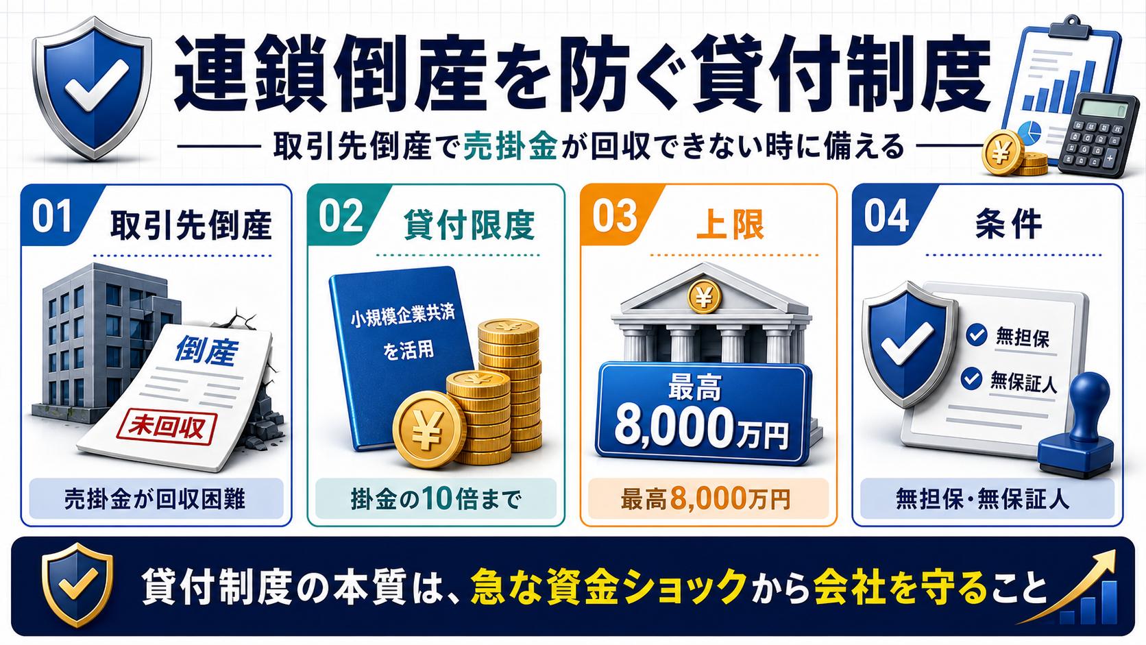 倒産防止共済の共済金貸付について、取引先倒産、貸付限度、最高8,000万円、無担保無保証人を整理した図解