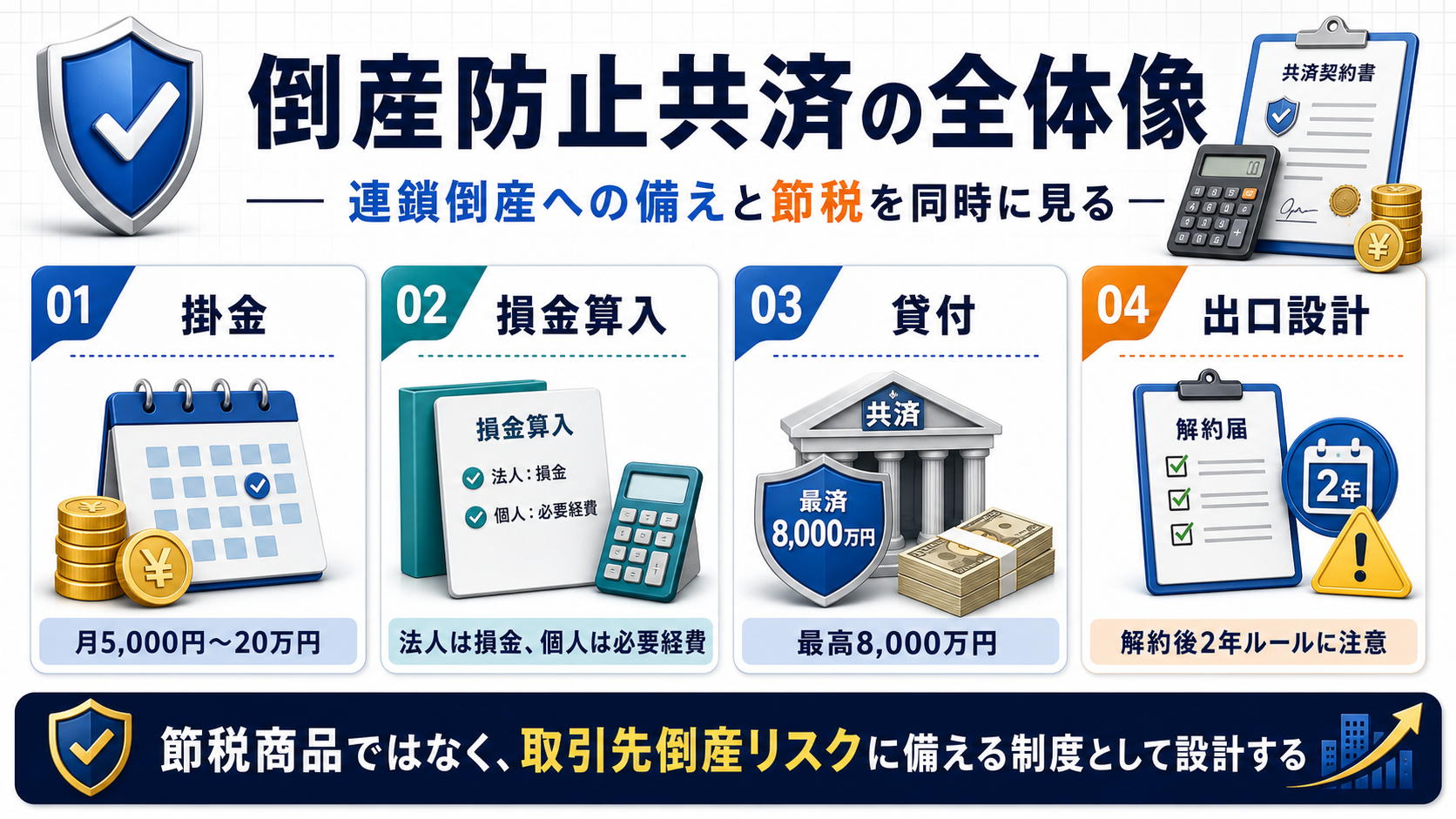 倒産防止共済の掛金、損金算入、共済金貸付、出口設計を整理した図解