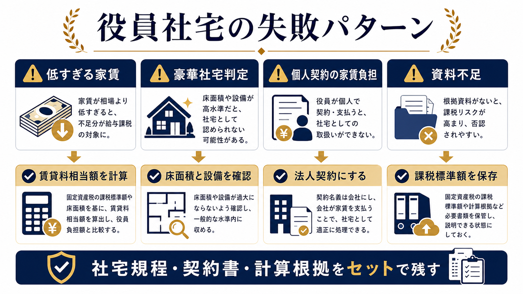 役員社宅の失敗パターンとして低すぎる家賃、豪華社宅判定、個人契約、資料不足、退去精算漏れを整理した図解