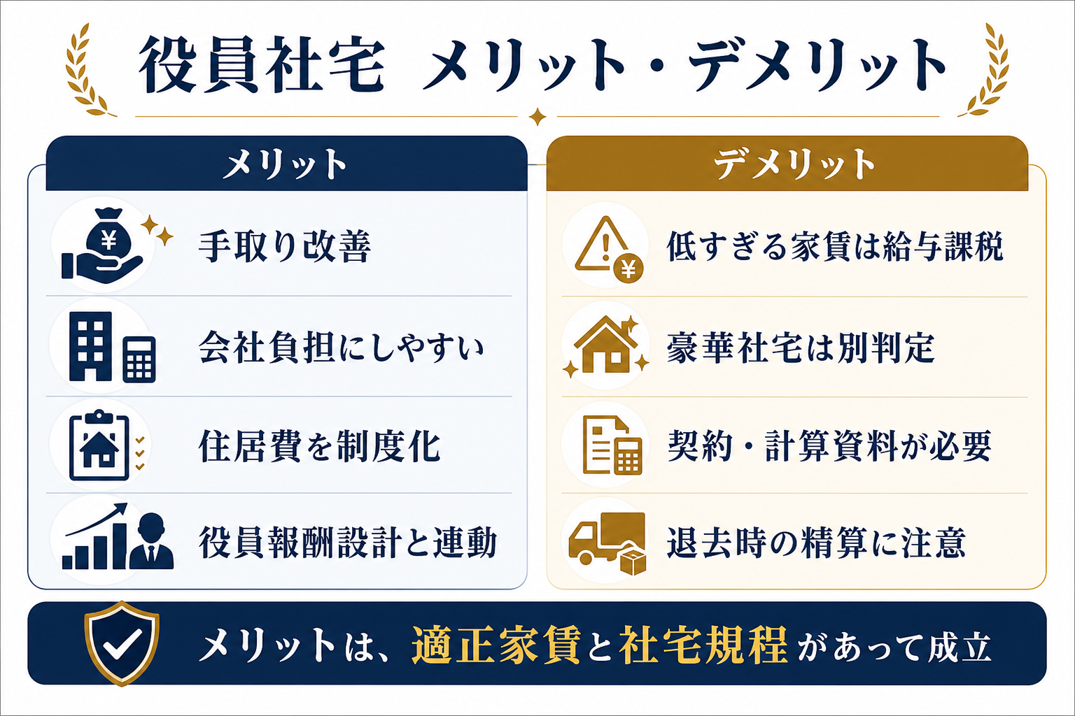 役員社宅のメリットとデメリットとして手取り改善、会社負担、家賃設定、資料取得、退去時精算を整理した図解