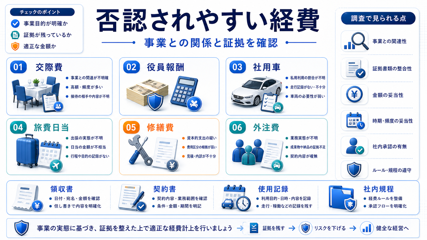 否認されやすい経費と見られるポイントの要点を整理した図