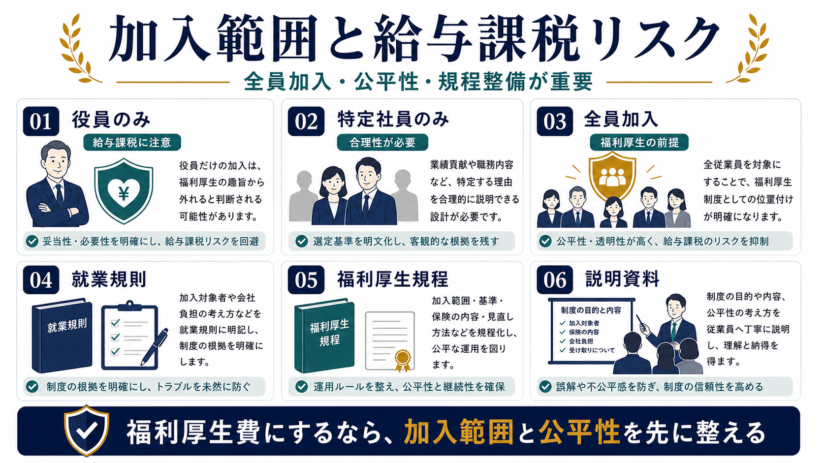 養老保険福利厚生プランの加入範囲として役員のみ、特定社員のみ、全員加入、就業規則、福利厚生規程、説明資料を整理した図解