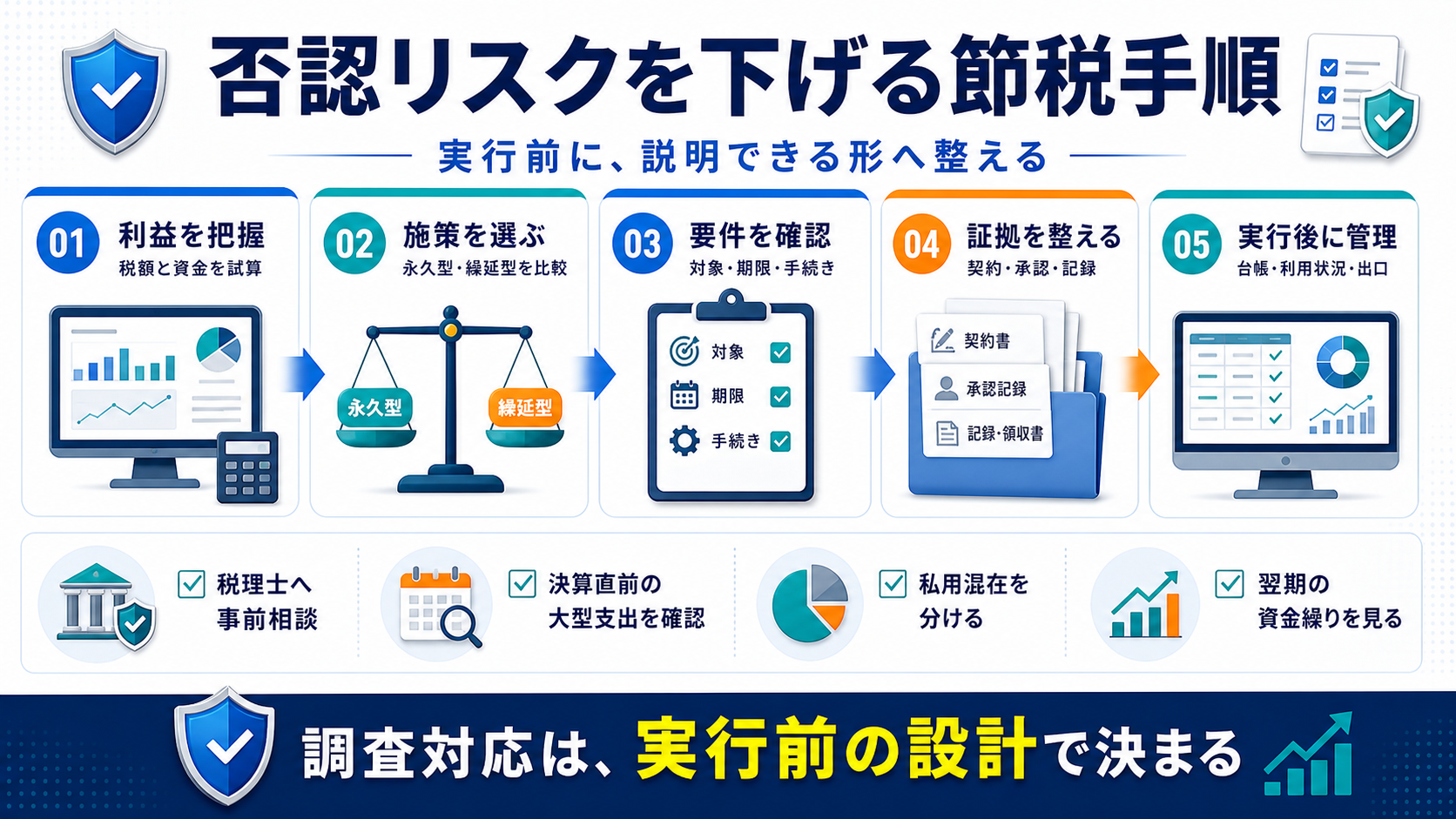 利益把握、施策選択、要件確認、証拠整備、実行後管理で否認リスクを下げる手順の図解