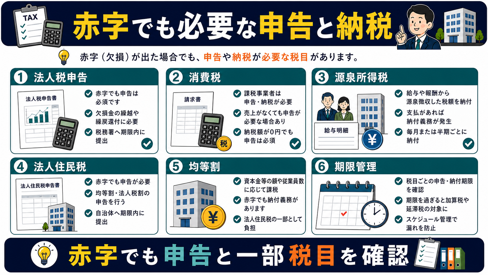 赤字決算の「赤字決算でも必要な申告と納税」を整理した図解