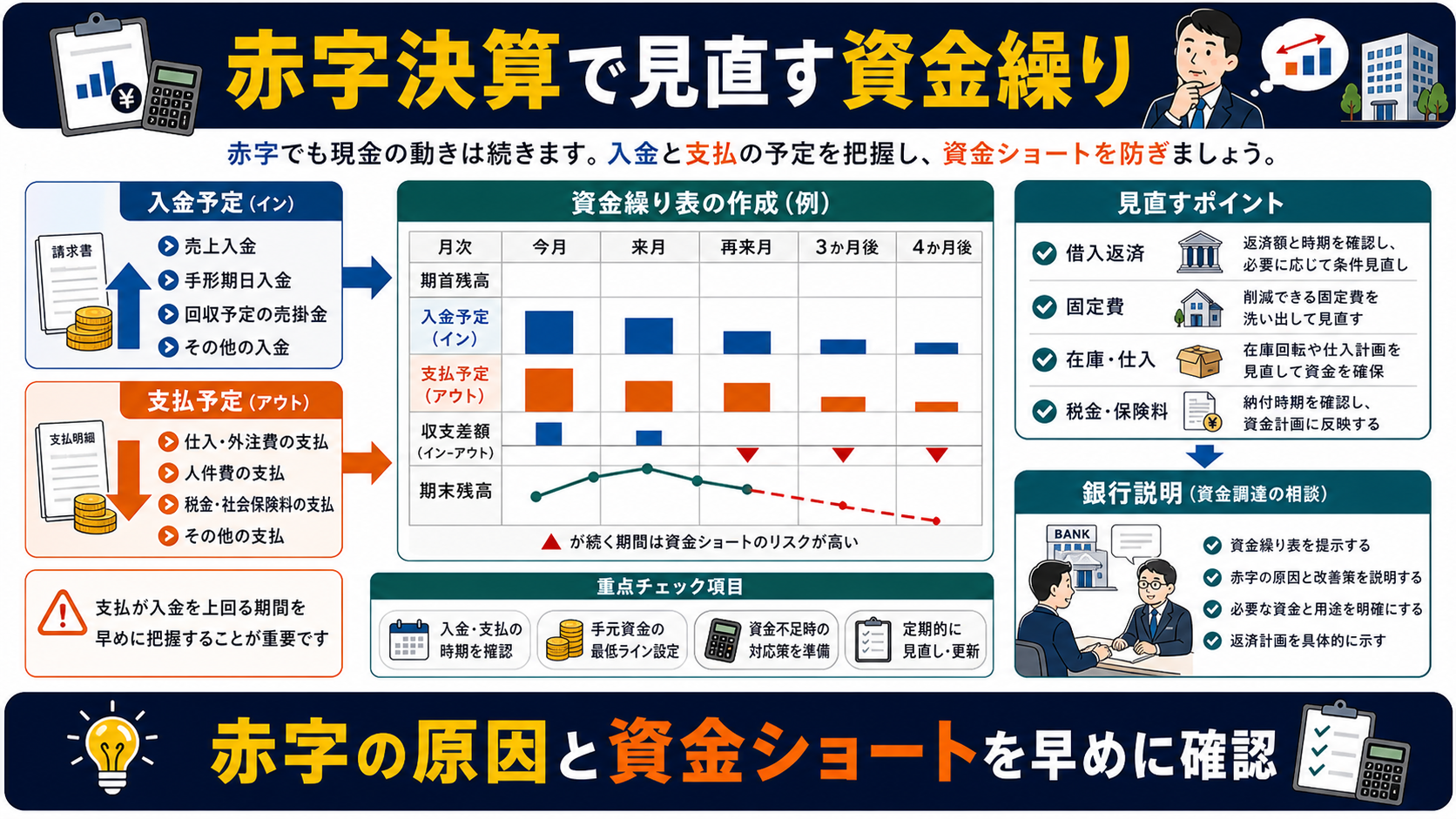 赤字決算の「赤字決算で見直す資金繰り」を整理した図解