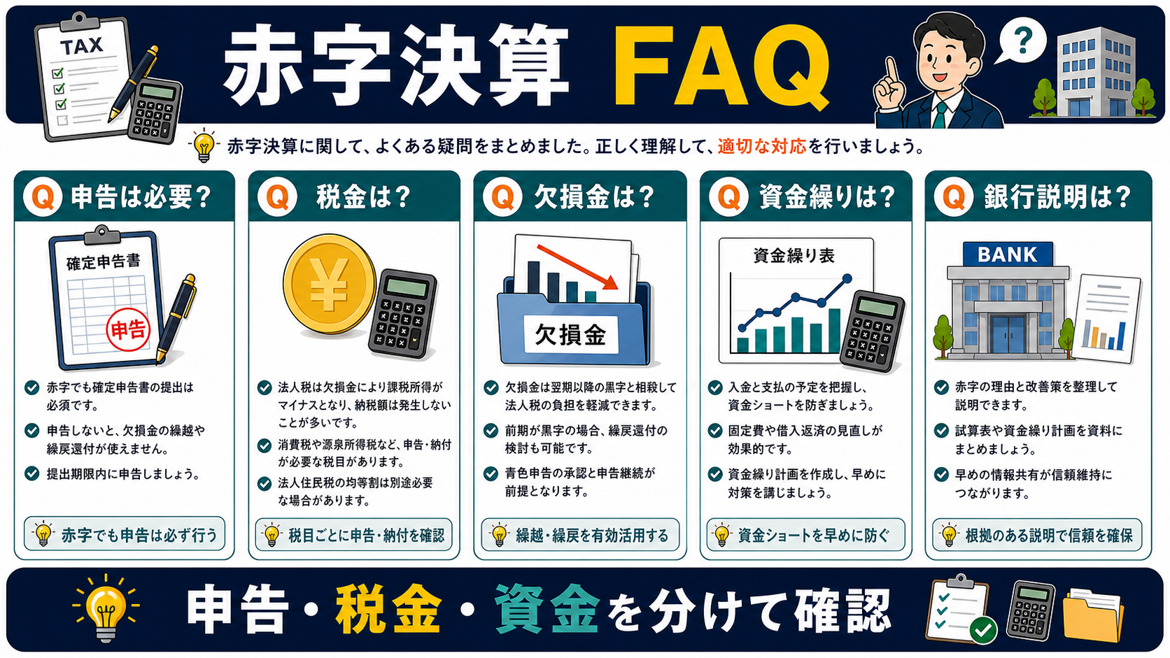 赤字決算の「赤字決算に関するFAQ」を整理した図解