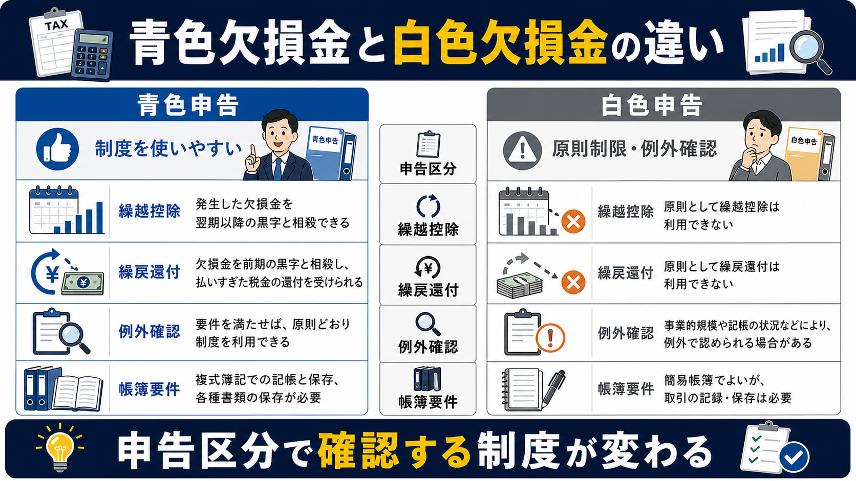 青色欠損金の「白色欠損金との違い」を整理した図解