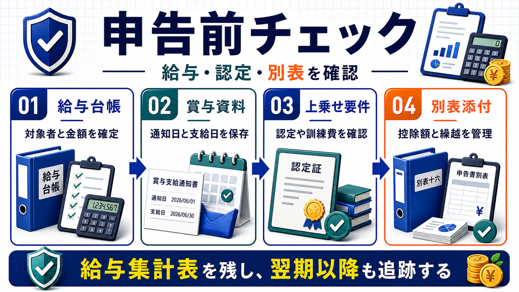 賃上げ促進税制の申告前に給与台帳、賞与資料、上乗せ要件、別表添付を確認する図解