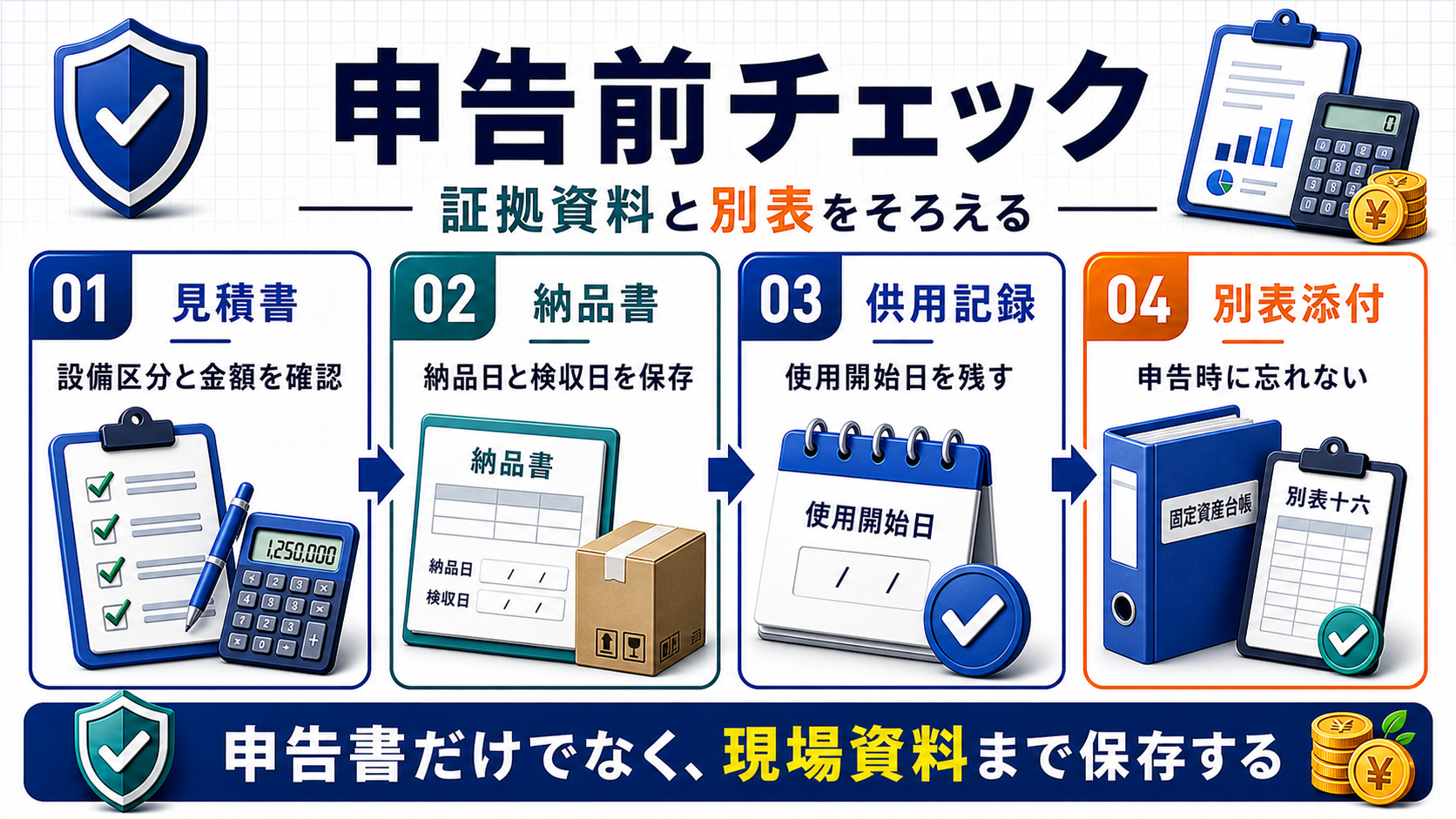 中小企業投資促進税制の申告前に見積書、納品書、供用記録、別表添付を確認する図解