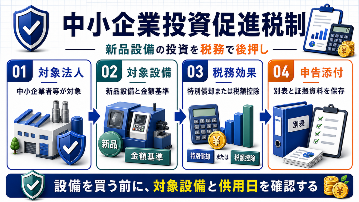 中小企業投資促進税制の対象法人、対象設備、税務効果、申告添付を整理した図解