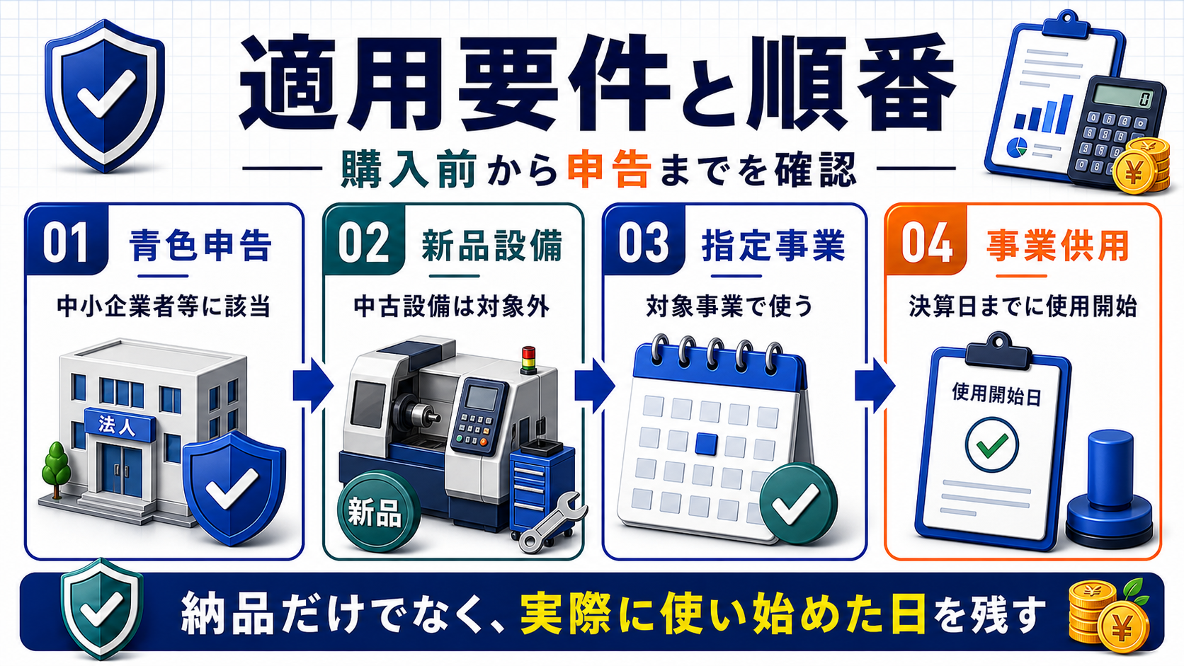 中小企業投資促進税制の青色申告、新品設備、指定事業、事業供用を整理した図解