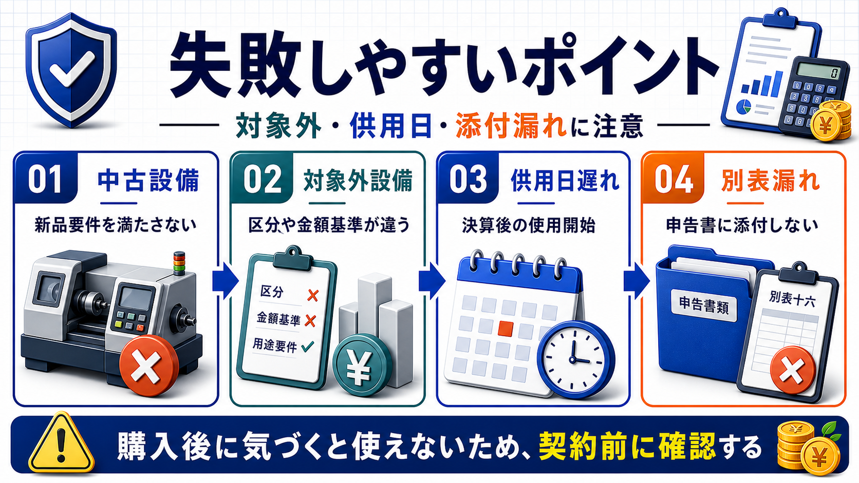 中小企業投資促進税制の中古設備、対象外設備、供用日遅れ、別表漏れを整理した図解