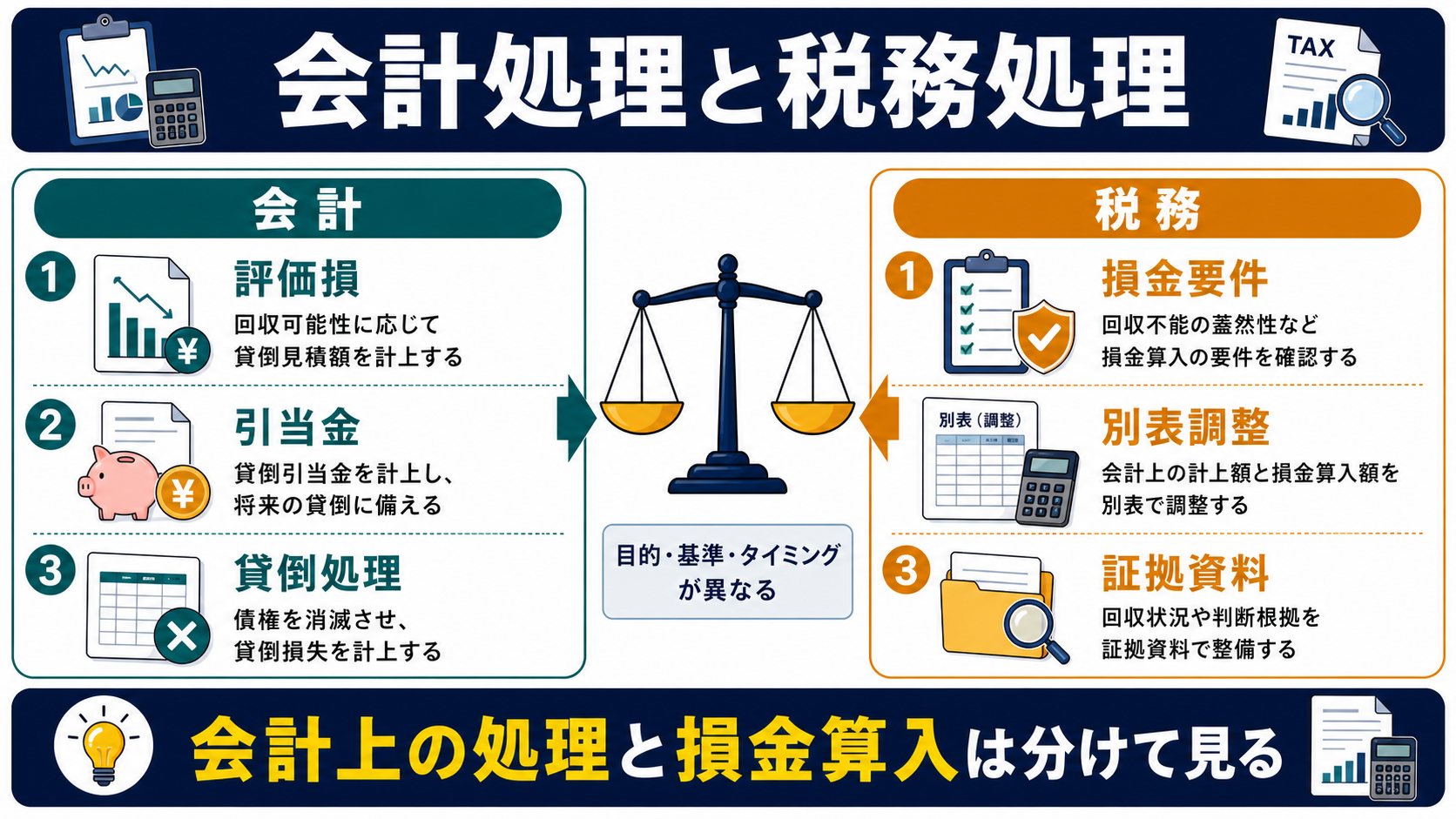 不良債権処理の会計処理と税務処理の要点を整理した図