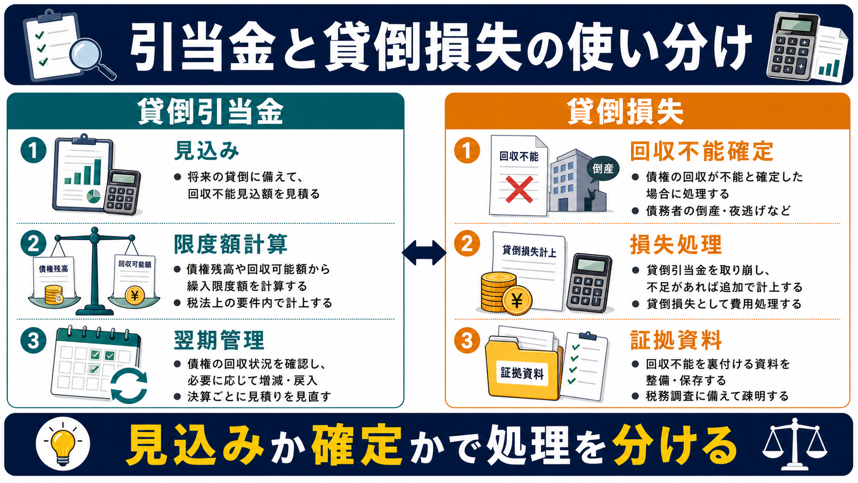 貸倒引当金と貸倒損失の使い分けの要点を整理した図