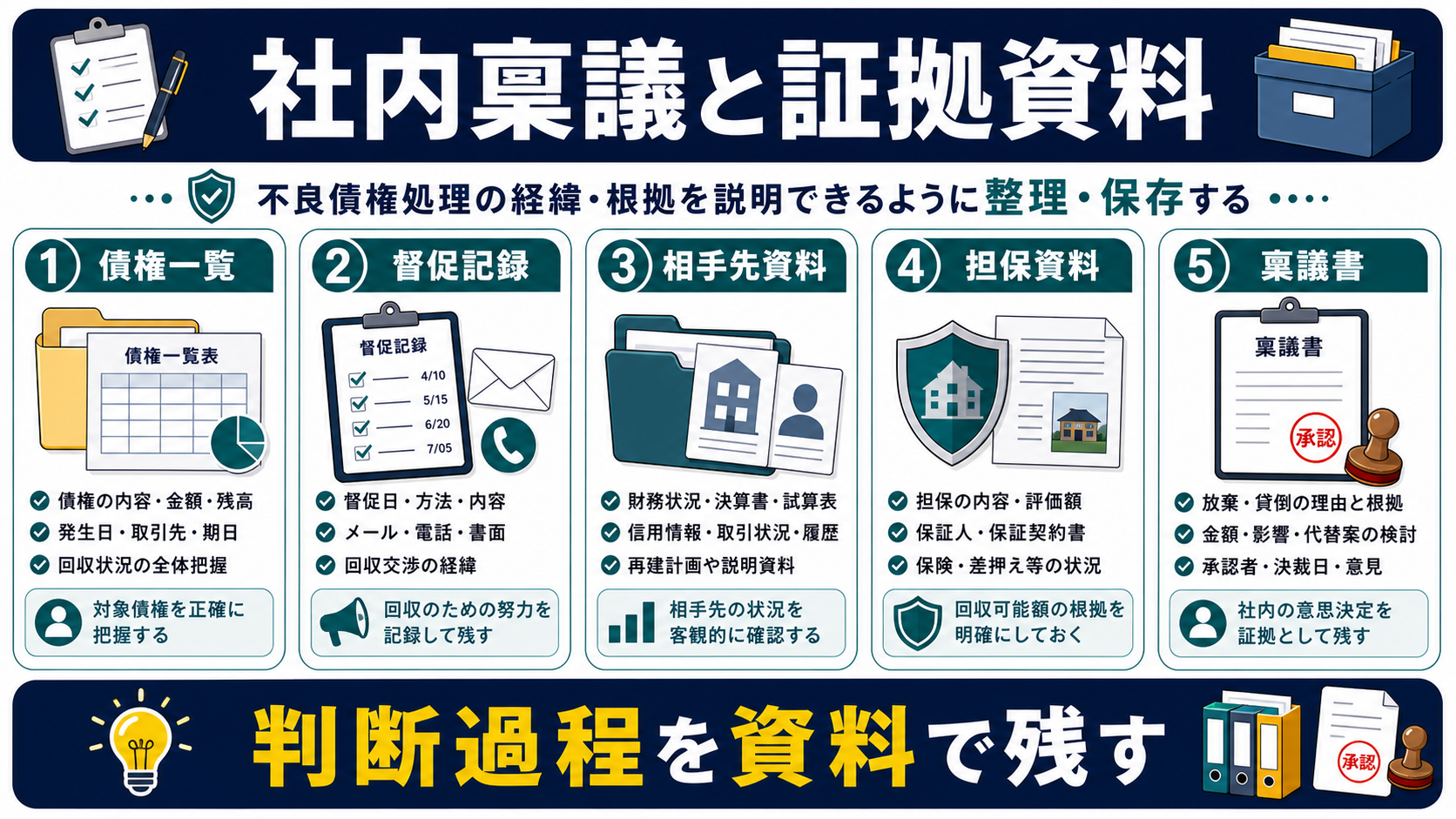 不良債権処理で残す社内稟議と証拠資料の要点を整理した図