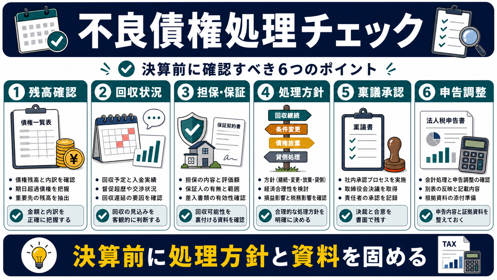 決算前に確認する不良債権処理チェックの要点を整理した図