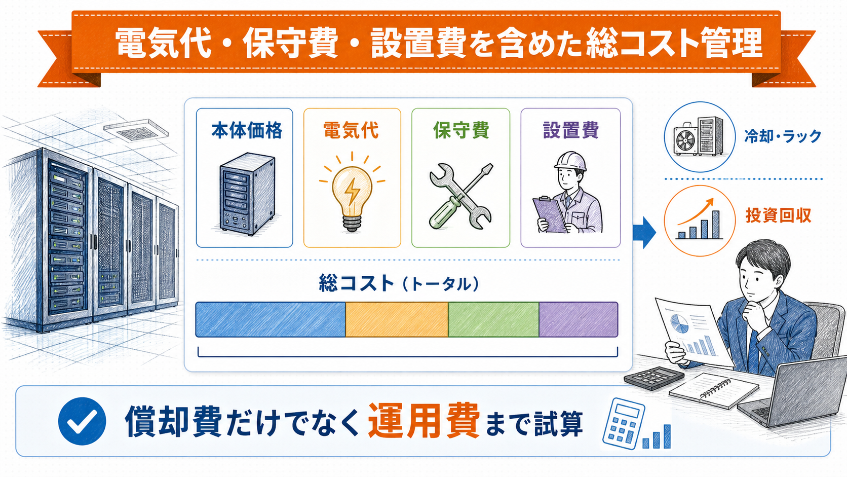電気代・保守費・設置費を含めた総コスト管理の要点を整理した図