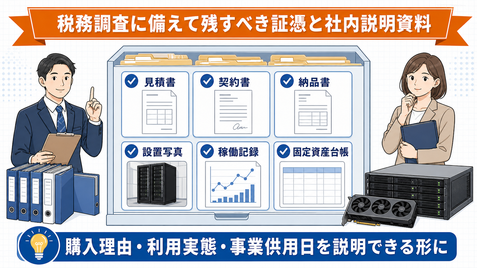 税務調査に備えて残すべき証憑と社内説明資料の要点を整理した図