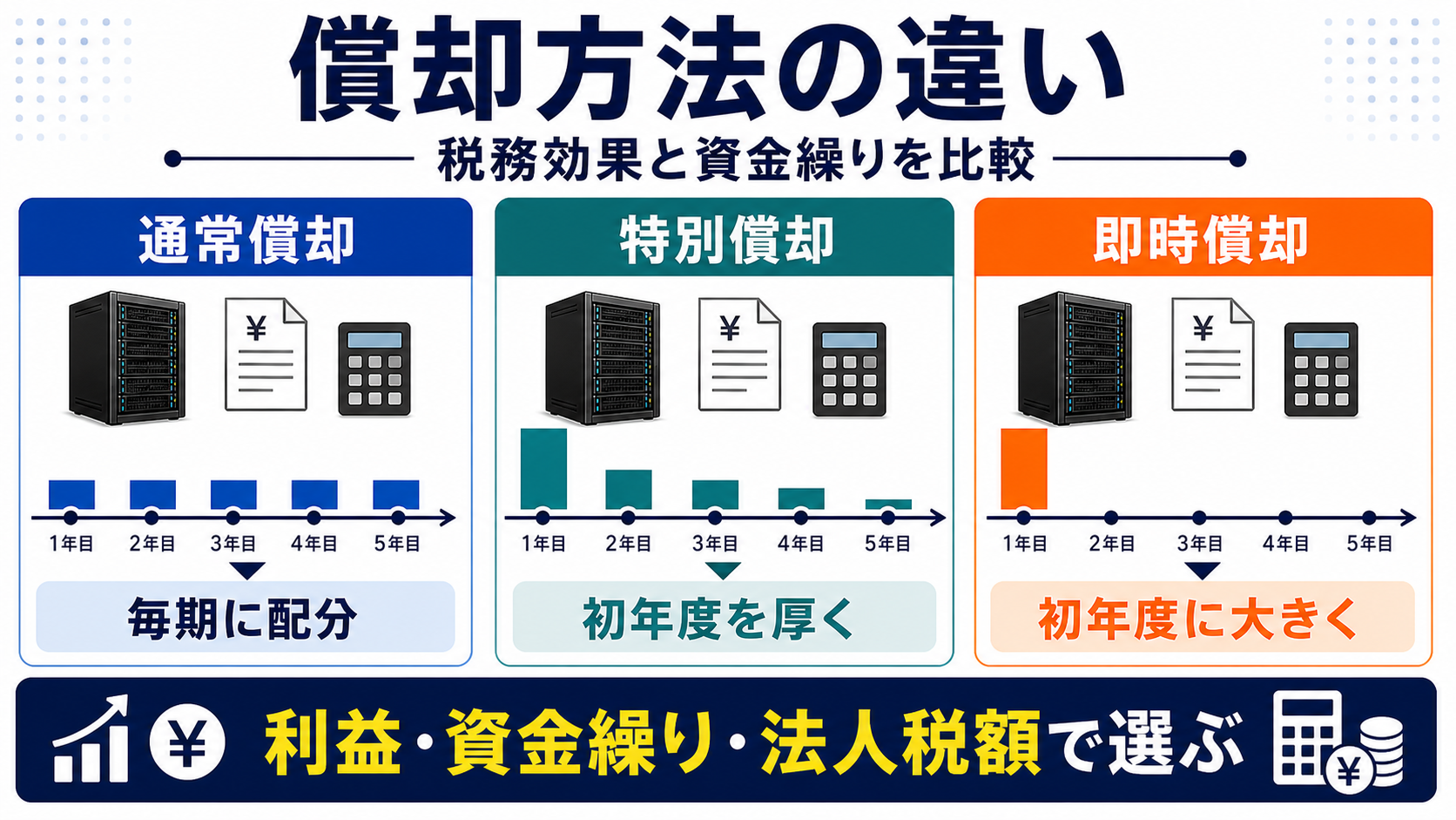 即時償却と減価償却の違い|経費計上のタイミングがカギの要点を整理した図