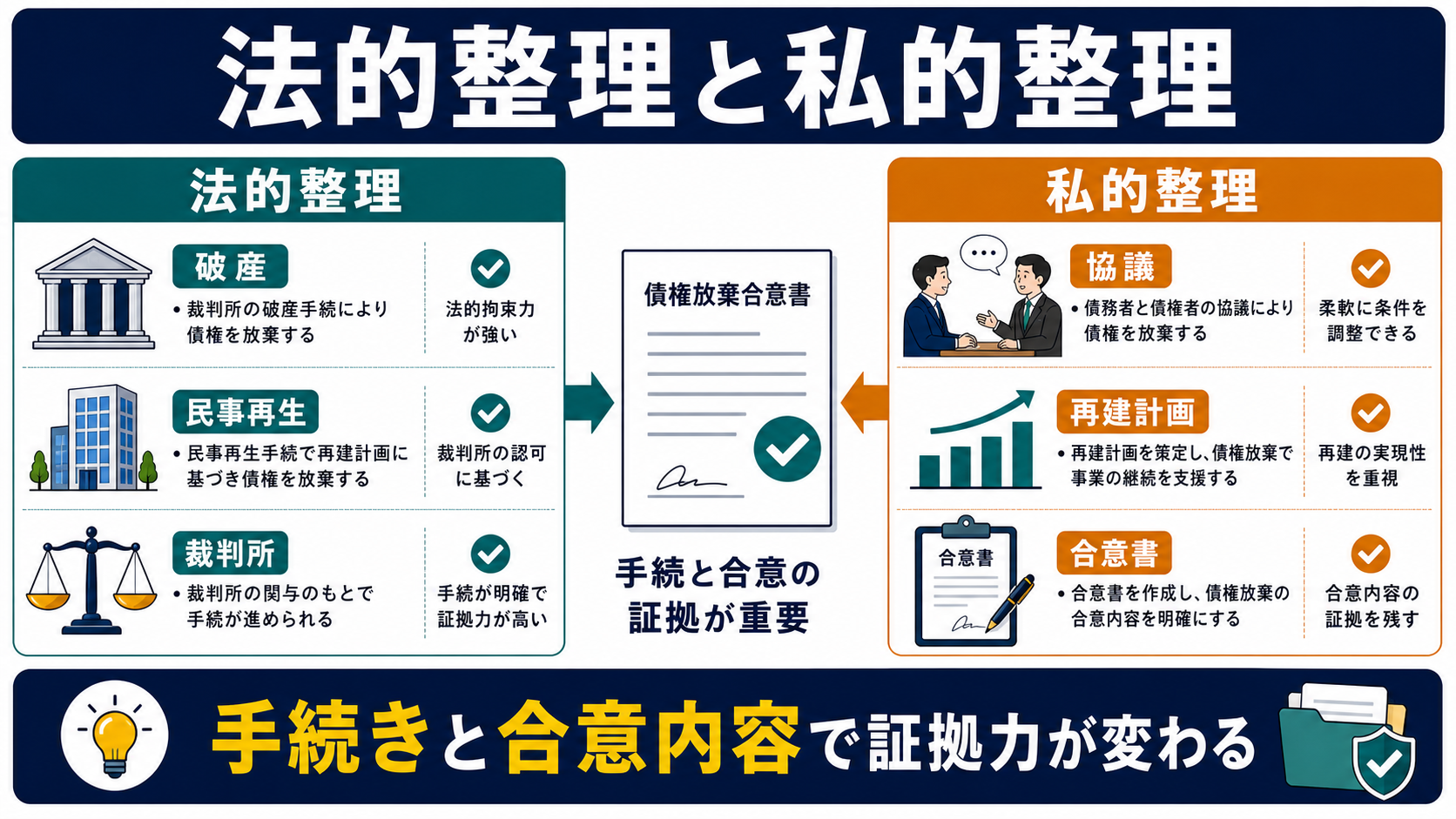 法的整理・私的整理で債権放棄する場合の要点を整理した図