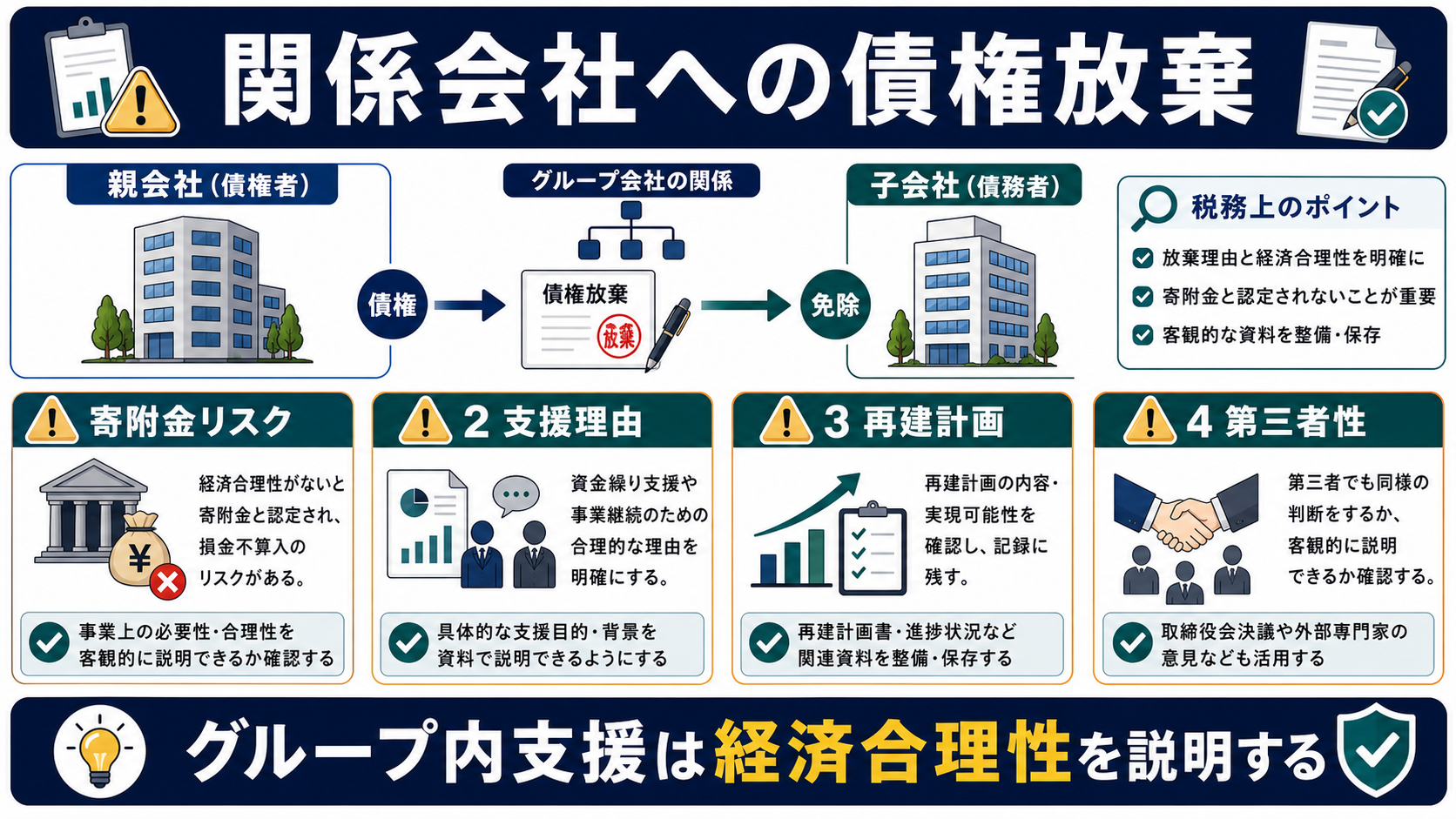 関係会社への債権放棄で注意することの要点を整理した図