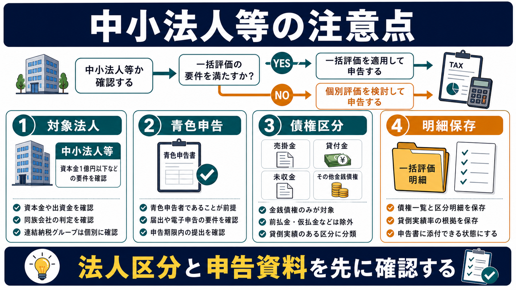 中小法人等が一括評価を使うときの注意点の要点を整理した図