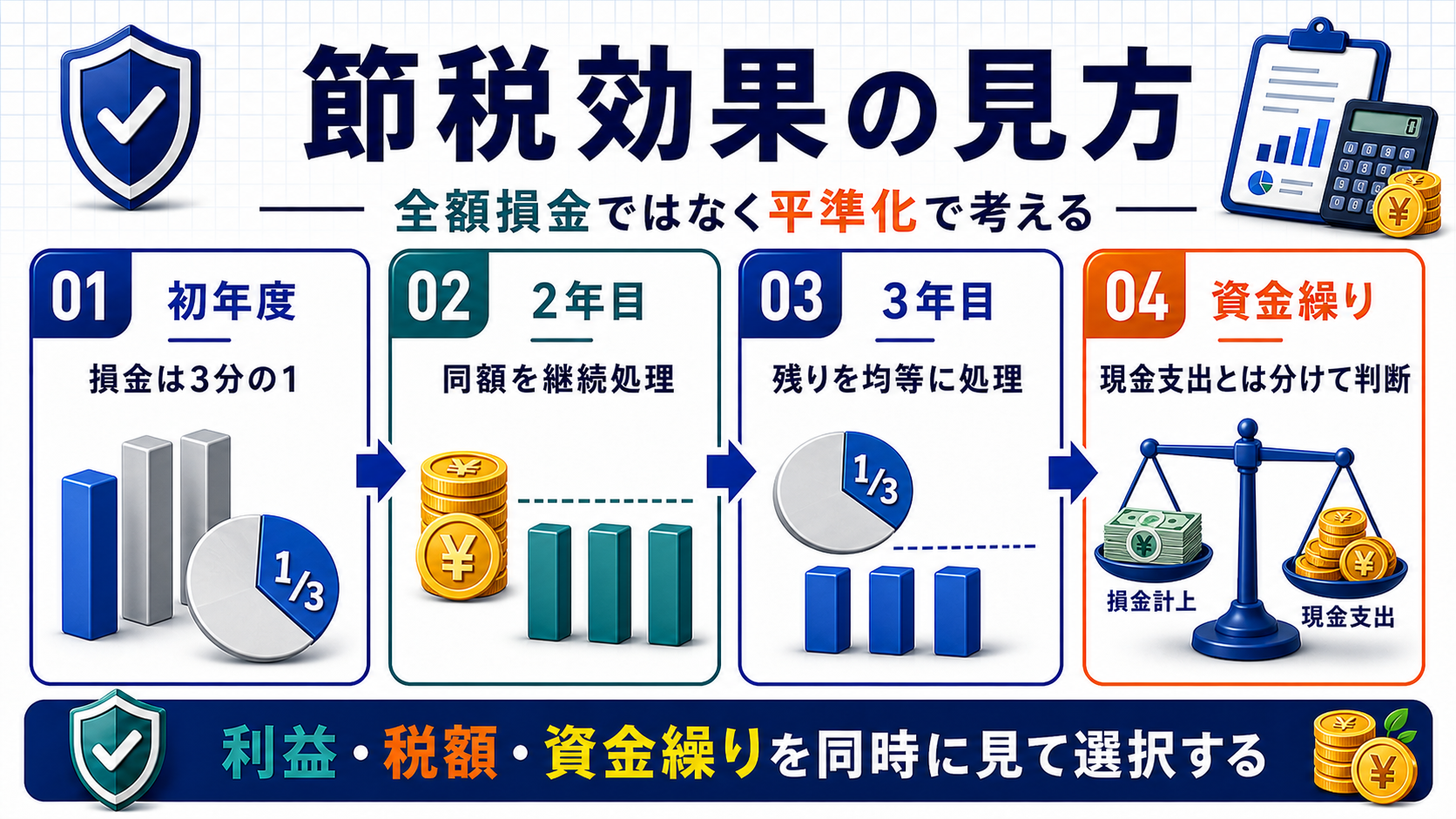一括償却資産は初年度節税より税負担の平準化に向くの要点を整理した図