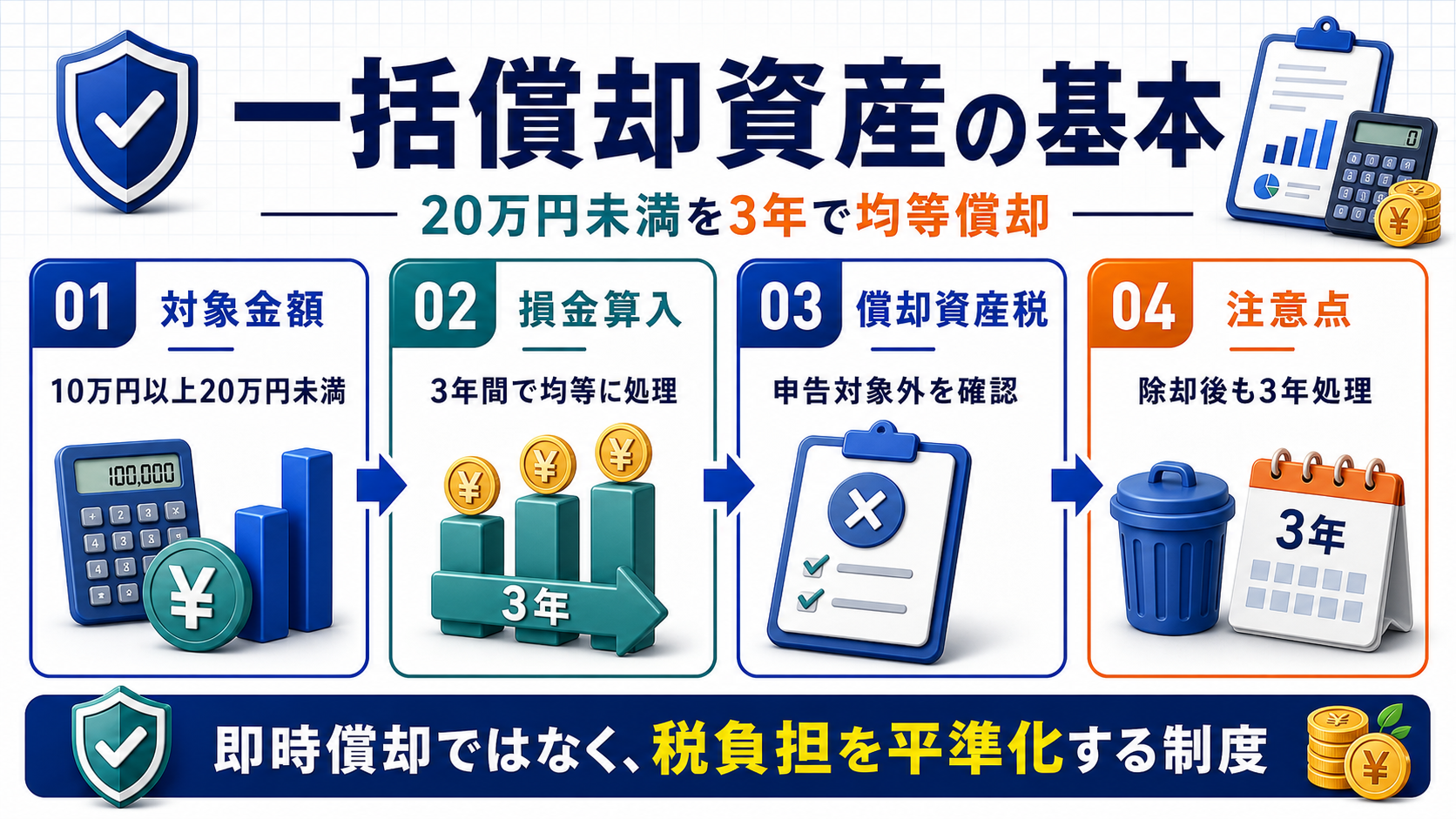 一括償却資産の対象金額、3年均等償却、償却資産税、除却後処理を整理した図解