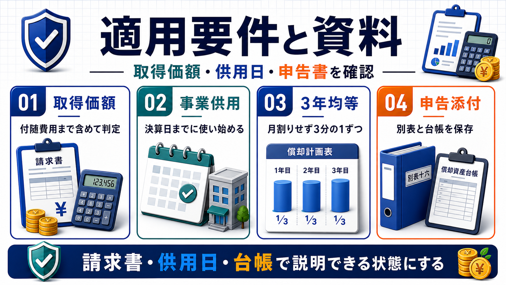 一括償却資産は1単位の取得価額が20万円未満かで判定するの要点を整理した図