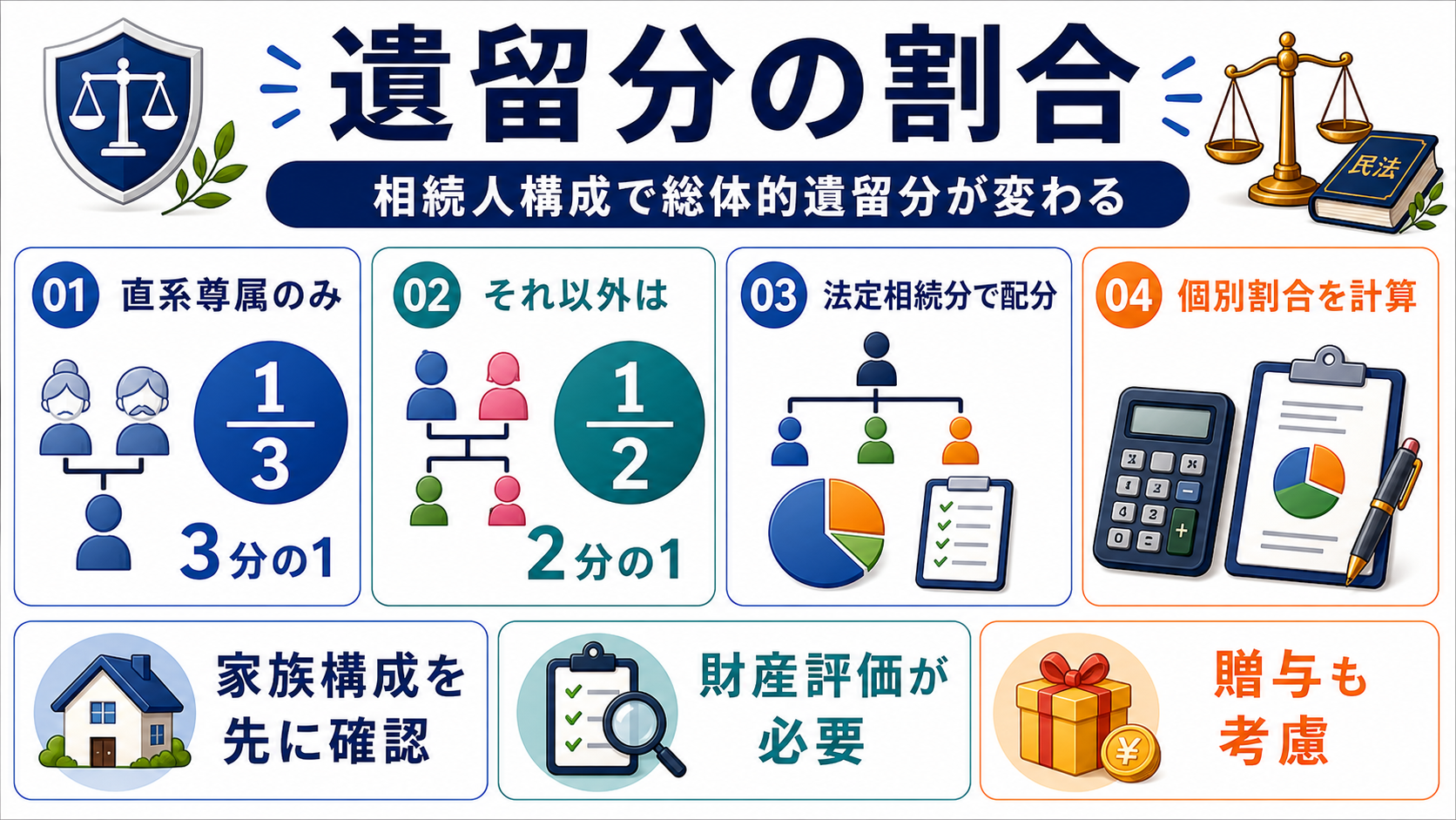 遺留分の割合：直系尊属だけなら3分の1、それ以外は2分の1の要点を整理した図