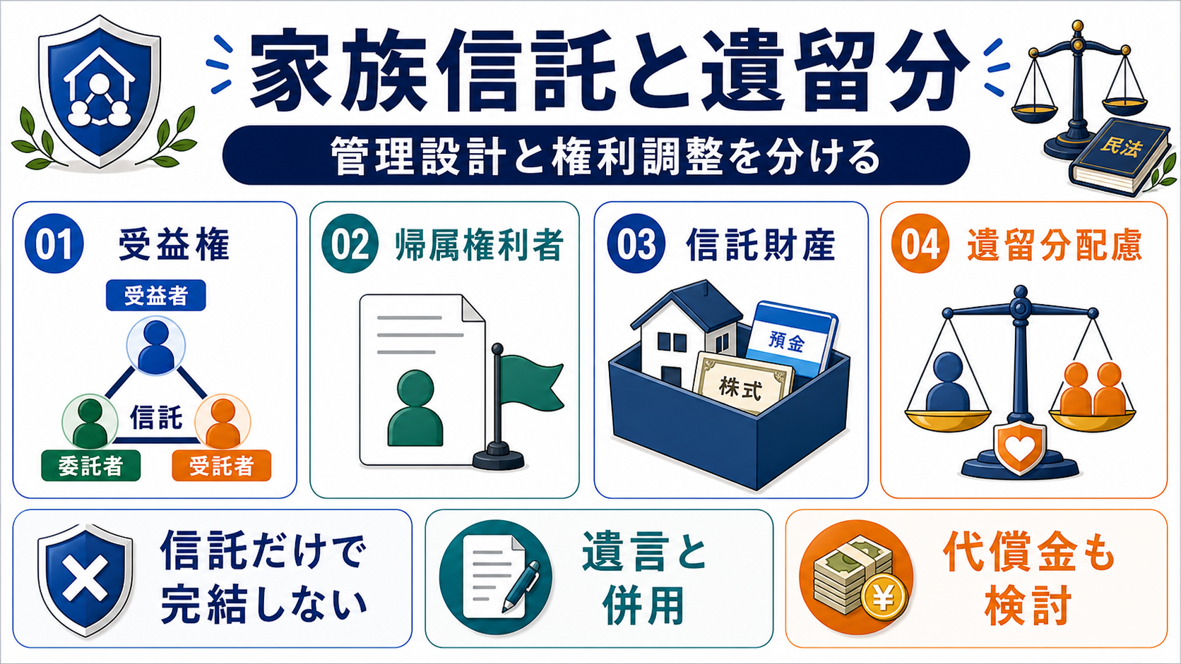 家族信託と遺留分：信託契約でも最低限の権利は消えないの要点を整理した図