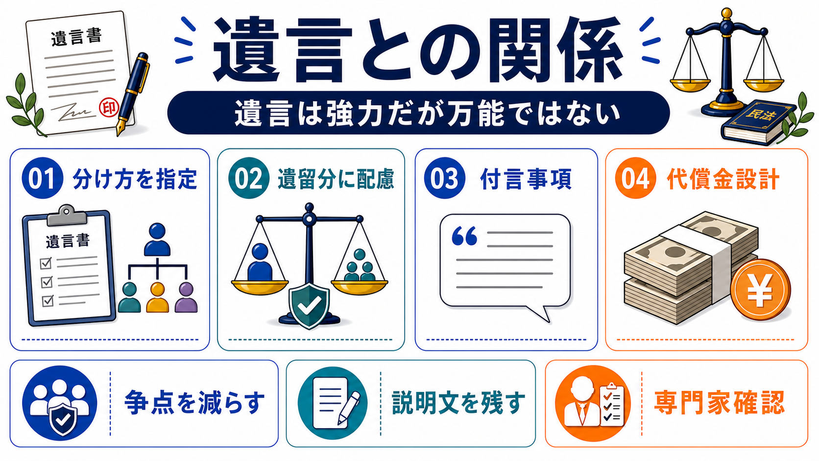 遺言と遺留分：遺言で全部指定しても請求リスクは残るの要点を整理した図