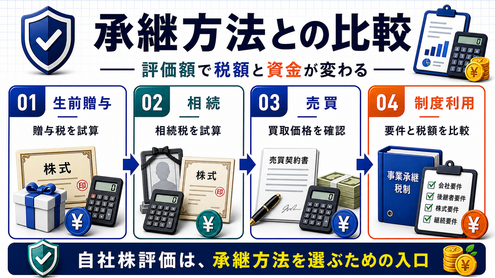 自社株評価と承継方法の比較の要点を整理した図